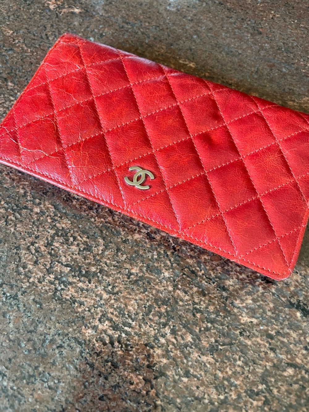CHANEL Quilted Red Leather Long Wallet with CC Emblem